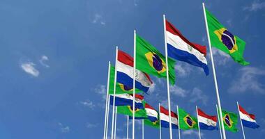 Paraguay and Brazil Flags Waving Together in the Sky, Seamless Loop in Wind, Space on Left Side for Design or Information, 3D Rendering video