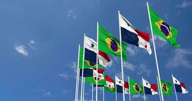 Panama and Brazil Flags Waving Together in the Sky, Seamless Loop in Wind, Space on Left Side for Design or Information, 3D Rendering video