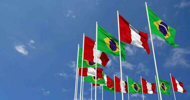 Peru and Brazil Flags Waving Together in the Sky, Seamless Loop in Wind, Space on Left Side for Design or Information, 3D Rendering video