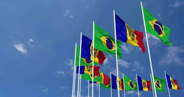 Moldova and Brazil Flags Waving Together in the Sky, Seamless Loop in Wind, Space on Left Side for Design or Information, 3D Rendering video