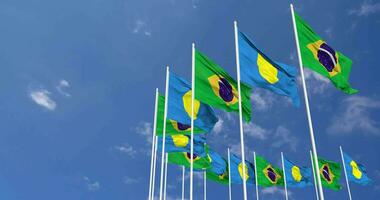 Palau and Brazil Flags Waving Together in the Sky, Seamless Loop in Wind, Space on Left Side for Design or Information, 3D Rendering video