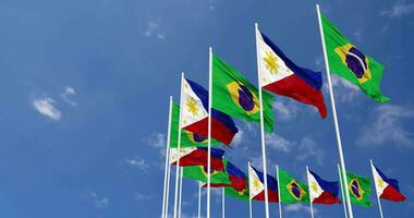 Philippines and Brazil Flags Waving Together in the Sky, Seamless Loop in Wind, Space on Left Side for Design or Information, 3D Rendering video