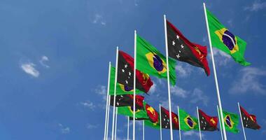 Papuasia nuevo Guinea y Brasil banderas ondulación juntos en el cielo, sin costura lazo en viento, espacio en izquierda lado para diseño o información, 3d representación video