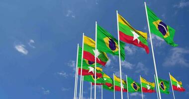 Myanmar, Burma and Brazil Flags Waving Together in the Sky, Seamless Loop in Wind, Space on Left Side for Design or Information, 3D Rendering video
