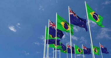 New Zealand and Brazil Flags Waving Together in the Sky, Seamless Loop in Wind, Space on Left Side for Design or Information, 3D Rendering video