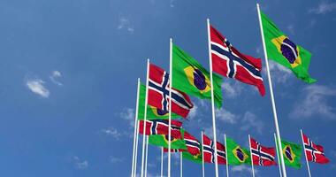 Norway and Brazil Flags Waving Together in the Sky, Seamless Loop in Wind, Space on Left Side for Design or Information, 3D Rendering video