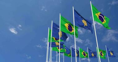 Kosovo en Brazilië vlaggen golvend samen in de lucht, naadloos lus in wind, ruimte Aan links kant voor ontwerp of informatie, 3d renderen video