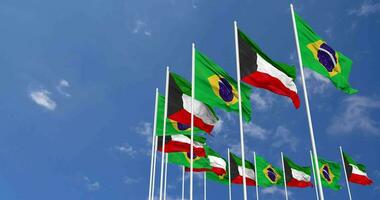 Kuwait and Brazil Flags Waving Together in the Sky, Seamless Loop in Wind, Space on Left Side for Design or Information, 3D Rendering video