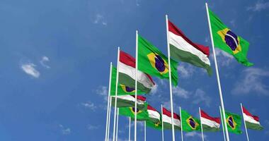Hungary and Brazil Flags Waving Together in the Sky, Seamless Loop in Wind, Space on Left Side for Design or Information, 3D Rendering video