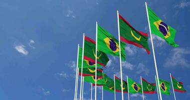 Mauritania and Brazil Flags Waving Together in the Sky, Seamless Loop in Wind, Space on Left Side for Design or Information, 3D Rendering video