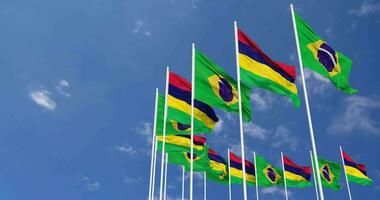 Mauritius and Brazil Flags Waving Together in the Sky, Seamless Loop in Wind, Space on Left Side for Design or Information, 3D Rendering video