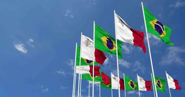 Malta and Brazil Flags Waving Together in the Sky, Seamless Loop in Wind, Space on Left Side for Design or Information, 3D Rendering video