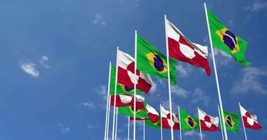 Greenland and Brazil Flags Waving Together in the Sky, Seamless Loop in Wind, Space on Left Side for Design or Information, 3D Rendering video