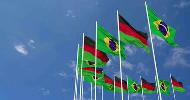 Malawi and Brazil Flags Waving Together in the Sky, Seamless Loop in Wind, Space on Left Side for Design or Information, 3D Rendering video