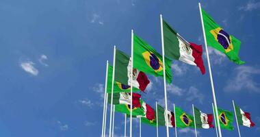 mexico y Brasil banderas ondulación juntos en el cielo, sin costura lazo en viento, espacio en izquierda lado para diseño o información, 3d representación video