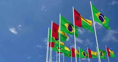 Guinea Bissau and Brazil Flags Waving Together in the Sky, Seamless Loop in Wind, Space on Left Side for Design or Information, 3D Rendering video