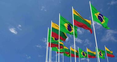 Lithuania and Brazil Flags Waving Together in the Sky, Seamless Loop in Wind, Space on Left Side for Design or Information, 3D Rendering video