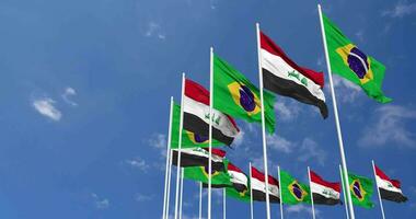 Iraq and Brazil Flags Waving Together in the Sky, Seamless Loop in Wind, Space on Left Side for Design or Information, 3D Rendering video