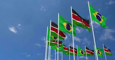 Kenya and Brazil Flags Waving Together in the Sky, Seamless Loop in Wind, Space on Left Side for Design or Information, 3D Rendering video