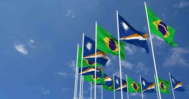 Marshall Islands and Brazil Flags Waving Together in the Sky, Seamless Loop in Wind, Space on Left Side for Design or Information, 3D Rendering video