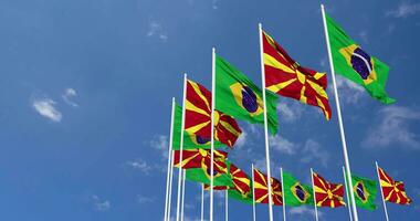 North Macedonia and Brazil Flags Waving Together in the Sky, Seamless Loop in Wind, Space on Left Side for Design or Information, 3D Rendering video