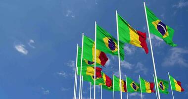 Mali and Brazil Flags Waving Together in the Sky, Seamless Loop in Wind, Space on Left Side for Design or Information, 3D Rendering video