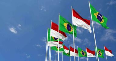 Indonesia and Brazil Flags Waving Together in the Sky, Seamless Loop in Wind, Space on Left Side for Design or Information, 3D Rendering video