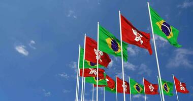 Hong Kong and Brazil Flags Waving Together in the Sky, Seamless Loop in Wind, Space on Left Side for Design or Information, 3D Rendering video