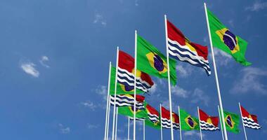 Kiribati and Brazil Flags Waving Together in the Sky, Seamless Loop in Wind, Space on Left Side for Design or Information, 3D Rendering video