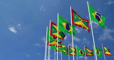 Grenada and Brazil Flags Waving Together in the Sky, Seamless Loop in Wind, Space on Left Side for Design or Information, 3D Rendering video