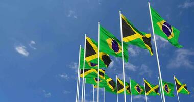 jamaica och Brasilien flaggor vinka tillsammans i de himmel, sömlös slinga i vind, Plats på vänster sida för design eller information, 3d tolkning video