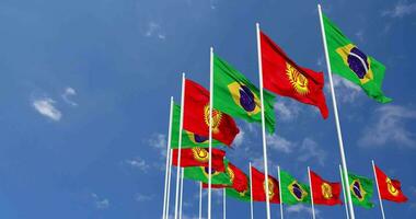 Kyrgyzstan and Brazil Flags Waving Together in the Sky, Seamless Loop in Wind, Space on Left Side for Design or Information, 3D Rendering video