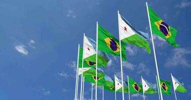 Djibouti and Brazil Flags Waving Together in the Sky, Seamless Loop in Wind, Space on Left Side for Design or Information, 3D Rendering video