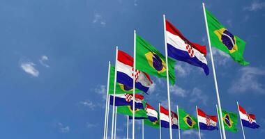 Croatia and Brazil Flags Waving Together in the Sky, Seamless Loop in Wind, Space on Left Side for Design or Information, 3D Rendering video