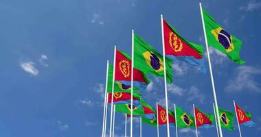 Eritrea and Brazil Flags Waving Together in the Sky, Seamless Loop in Wind, Space on Left Side for Design or Information, 3D Rendering video