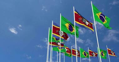 Eswatini and Brazil Flags Waving Together in the Sky, Seamless Loop in Wind, Space on Left Side for Design or Information, 3D Rendering video