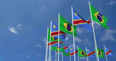 DR Congo and Brazil Flags Waving Together in the Sky, Seamless Loop in Wind, Space on Left Side for Design or Information, 3D Rendering video