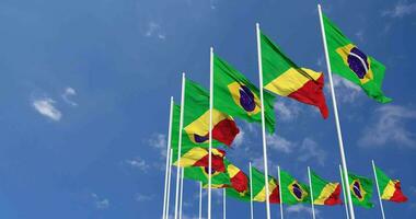 Congo and Brazil Flags Waving Together in the Sky, Seamless Loop in Wind, Space on Left Side for Design or Information, 3D Rendering video