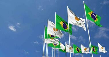 Chipre y Brasil banderas ondulación juntos en el cielo, sin costura lazo en viento, espacio en izquierda lado para diseño o información, 3d representación video
