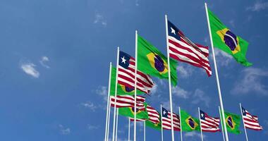 Liberia and Brazil Flags Waving Together in the Sky, Seamless Loop in Wind, Space on Left Side for Design or Information, 3D Rendering video