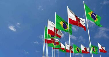 Gibraltar en Brazilië vlaggen golvend samen in de lucht, naadloos lus in wind, ruimte Aan links kant voor ontwerp of informatie, 3d renderen video