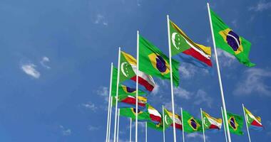 Comoros and Brazil Flags Waving Together in the Sky, Seamless Loop in Wind, Space on Left Side for Design or Information, 3D Rendering video