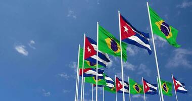 kuba och Brasilien flaggor vinka tillsammans i de himmel, sömlös slinga i vind, Plats på vänster sida för design eller information, 3d tolkning video