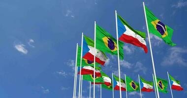 Equatorial Guinea and Brazil Flags Waving Together in the Sky, Seamless Loop in Wind, Space on Left Side for Design or Information, 3D Rendering video