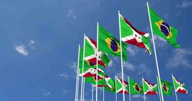 Burundi and Brazil Flags Waving Together in the Sky, Seamless Loop in Wind, Space on Left Side for Design or Information, 3D Rendering video