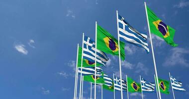 Greece and Brazil Flags Waving Together in the Sky, Seamless Loop in Wind, Space on Left Side for Design or Information, 3D Rendering video