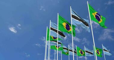 Botswana e brasile bandiere agitando insieme nel il cielo, senza soluzione di continuità ciclo continuo nel vento, spazio su sinistra lato per design o informazione, 3d interpretazione video