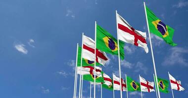 England and Brazil Flags Waving Together in the Sky, Seamless Loop in Wind, Space on Left Side for Design or Information, 3D Rendering video