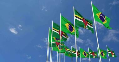 dominica e Brasil bandeiras acenando juntos dentro a céu, desatado ciclo dentro vento, espaço em esquerda lado para Projeto ou Informação, 3d Renderização video