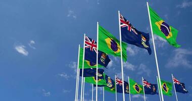 caimão ilhas e Brasil bandeiras acenando juntos dentro a céu, desatado ciclo dentro vento, espaço em esquerda lado para Projeto ou Informação, 3d Renderização video